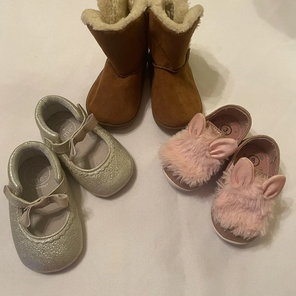 Set of Kids Brown Boots, Pink‎ Bunny Shoes, & Silver Slippers, Size 3